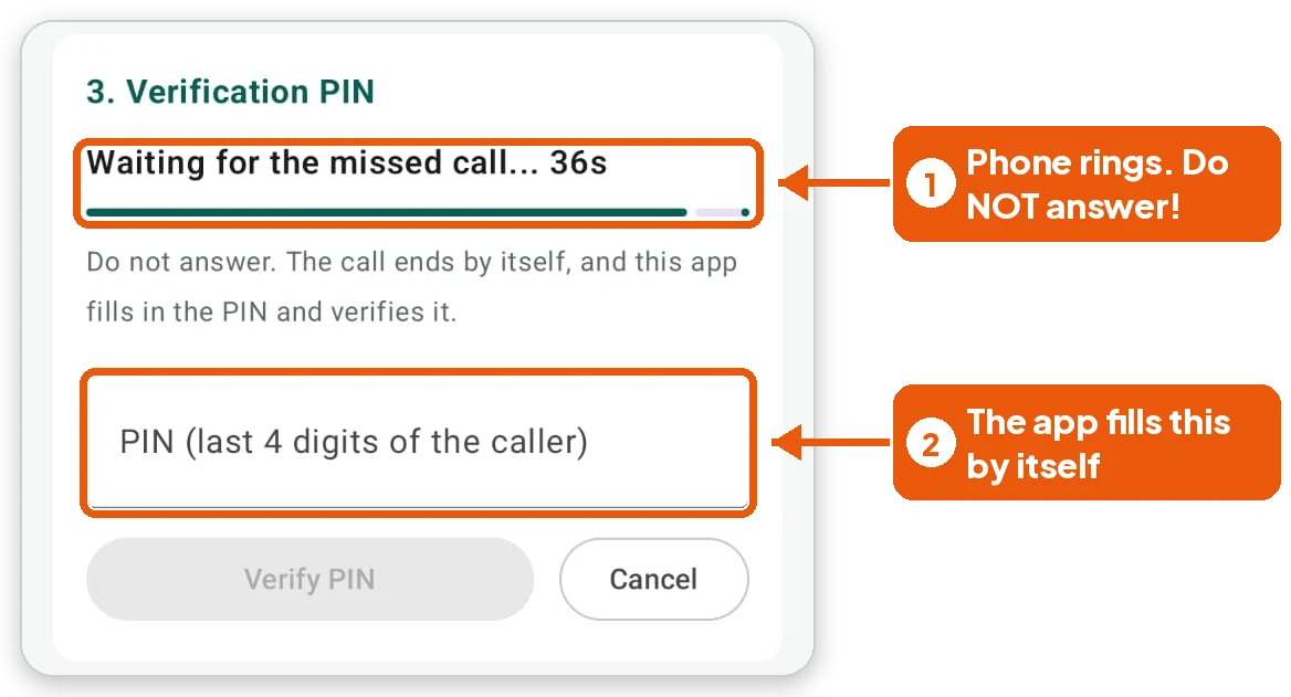 Box 1 marks the Waiting for the missed call countdown, box 2 marks the PIN box that the app fills in.